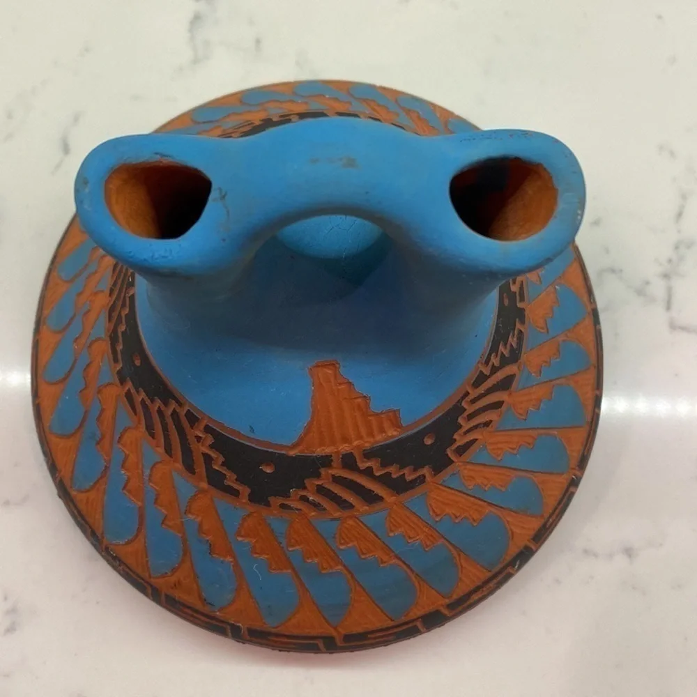 Pottery Hand Etched Wedding Vase.Red clay and powder blue and black color